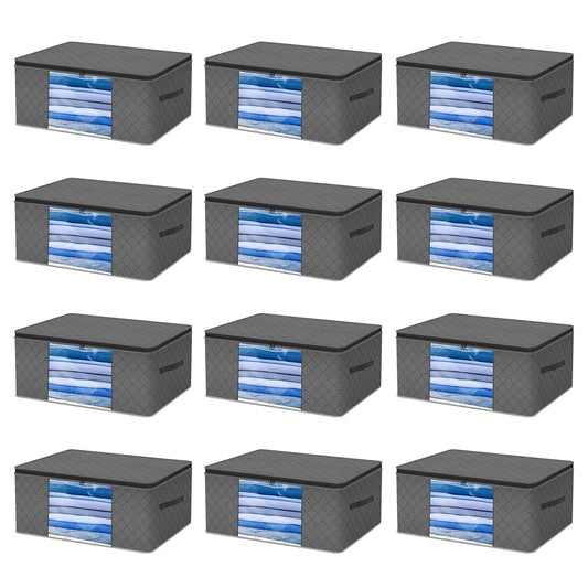 12 Pack Clothes Organizer Storage Bags, 35l Large Capacity, Foldable Underbed Storage Bags, with Clear Window Reinforced Handles for Blankets, Clothes, Comforters, Grey