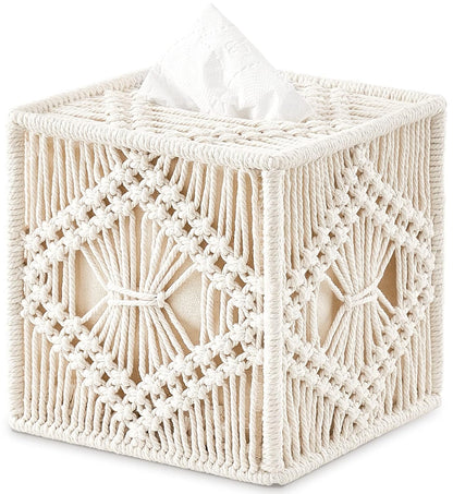 Mkono Tissue Box Cover Square, Boho Macrame Decor Open-Bottom Holder, Ivory | Facial Tissue Organizer, Decorative Cube Box, Chic Hand-Woven, Bedroom Bathroom Vanity Dresser Living Room Office Dorm