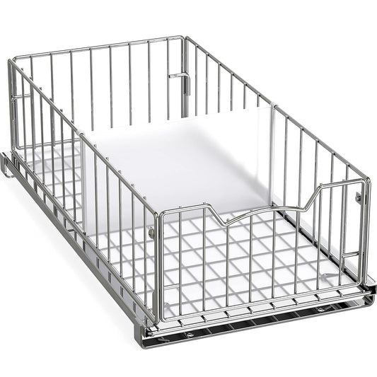 Simple Houseware Pull-Out Cabinet Sliding Basket, 17.2Dx9.7Wx5H, Chrome | Ideal for Kitchen and Bathroom Cabinet Storage Organizer, Under Sink or Pantry Organization