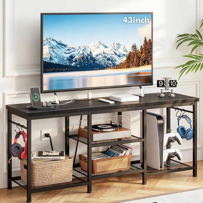 YGEOMER TV Stand for Tvs Up to 50 Inch, Entertainment Center with Power Outlet and Open Storage Shelves, TV Console Table for Living Room Bedroom, Black
