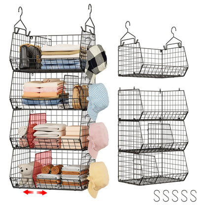 4 Tier Hanging Closet Organizer with Dividers,Extra Large Storage Hanging Shelf with 5 S Hooks 4 Dividers,Hang on Wire Closet Shelving Clothes Organizer-Black