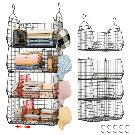 Jautokerdar 4 Tier Hanging Closet Organizer with Dividers,Extra Large Storage Hanging Shelf with 5 S Hooks 4 Dividers,Hang on Wire Closet Shelving Clothes Organizer-Black