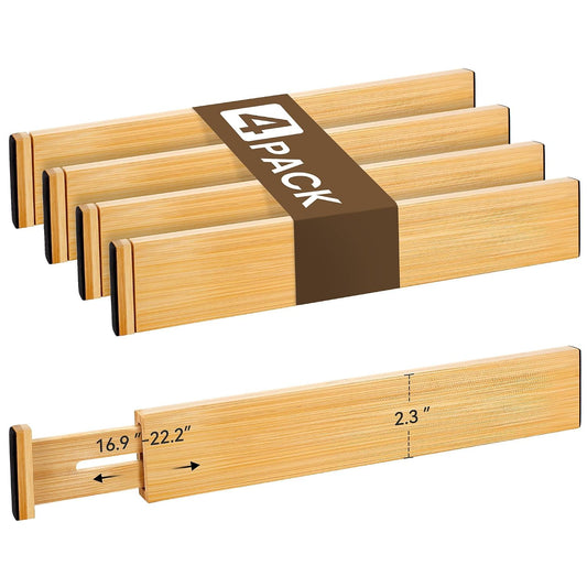 Bamboo Drawer Divider Set of 4, Adjustable Spring-...