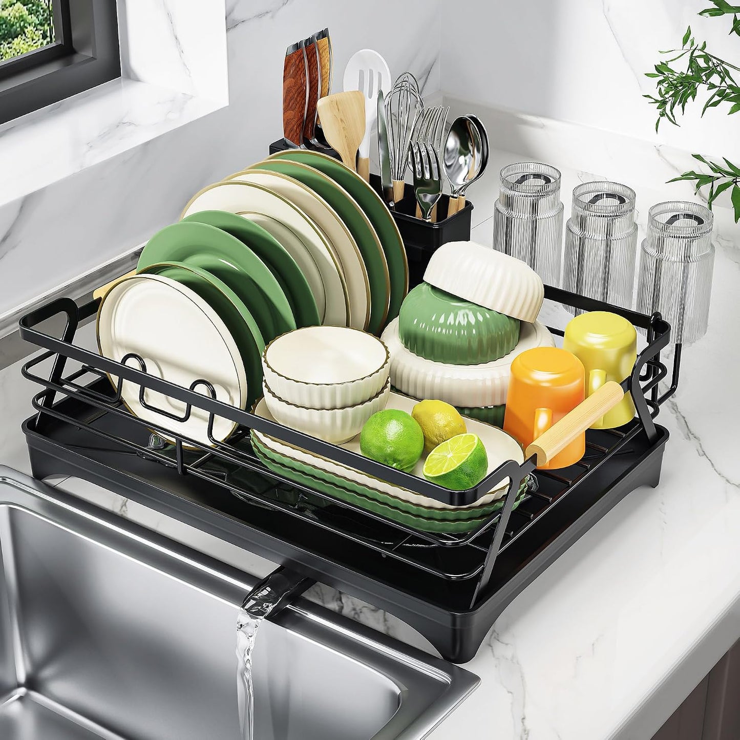 Epicano Dish Drying Rack for Kitchen Counter,Black,Large Capacity | Raised Feet,Rustproof,Wooden Handle,Auto-Drainage System,Cup Holder & Knife Slots, Sink Storage Organizer