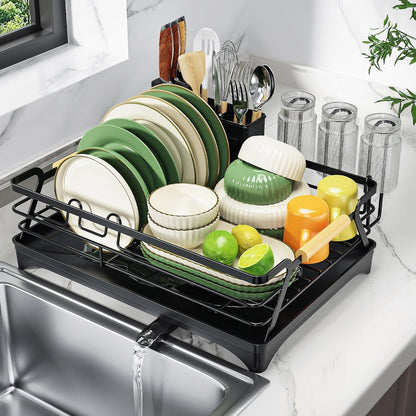 Epicano Dish Drying Rack for Kitchen Counter,Black,Large Capacity | Raised Feet,Rustproof,Wooden Handle,Auto-Drainage System,Cup Holder & Knife Slots, Sink Storage Organizer