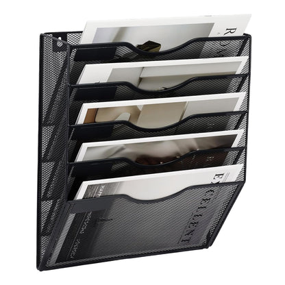 5 Pocket Mesh Hanging Wall File Organizer, Wall Mounted Mail Paper Document Folder Holder, Clipboard Storage Organization Magazine Rack with Nametag Label for Office Home School, Black