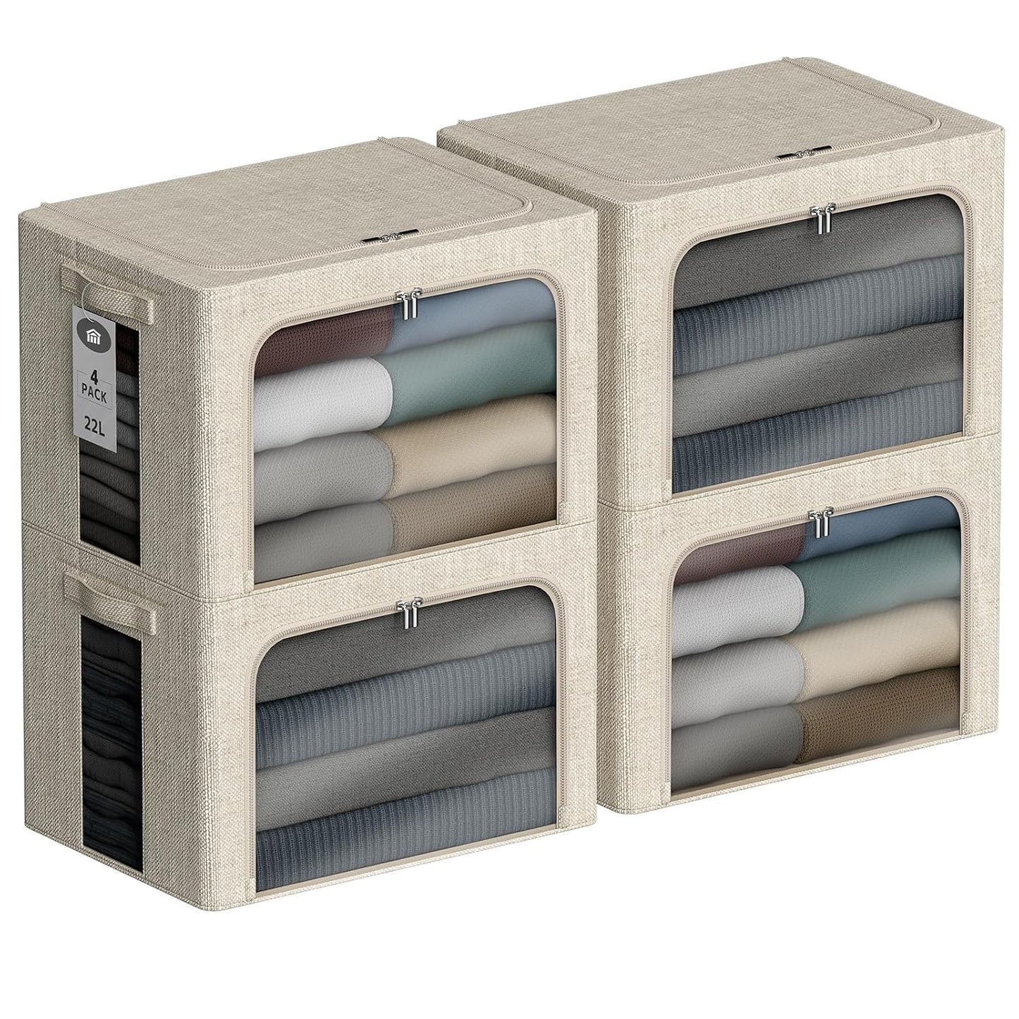 4 Pack Clothes Storage Bins with Metal Frame - 22L Stackable Storage Box with Lid，Foldable Storage Container Organizer for Clothes，Linen Fabric Storage Box with Clear Window＆Zippers＆Handles
