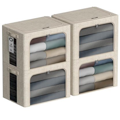 4 Pack Clothes Storage Bins with Metal Frame - 22L Stackable Storage Box with Lid，Foldable Storage Container Organizer for Clothes，Linen Fabric Storage Box with Clear Window＆Zippers＆Handles