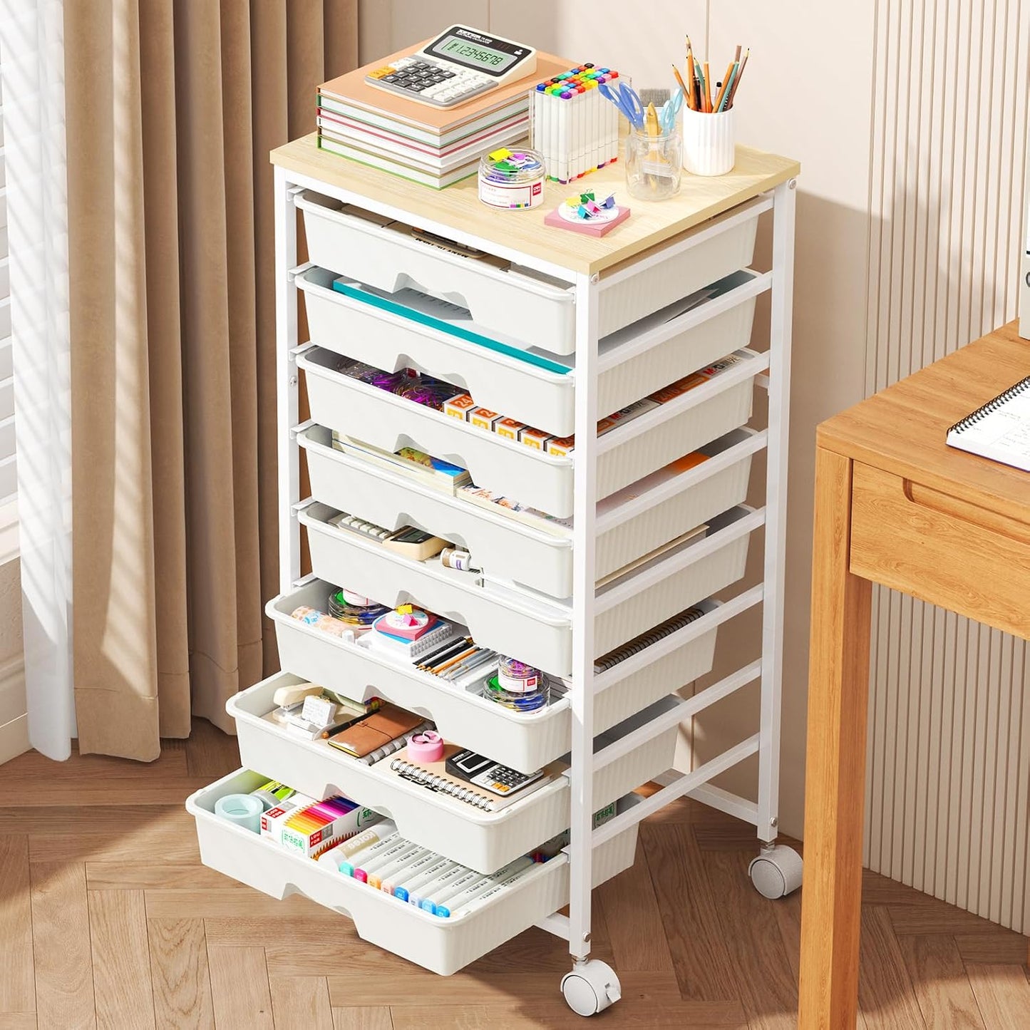 Rolling Cart with 8 Drawers for Art, Dorm, Office, Craft, White | Utility Cart Organizer With 8 Removable Drawers and Wooden Tabletop, Lockable Rolling Storage Organizer for Classroom, Home