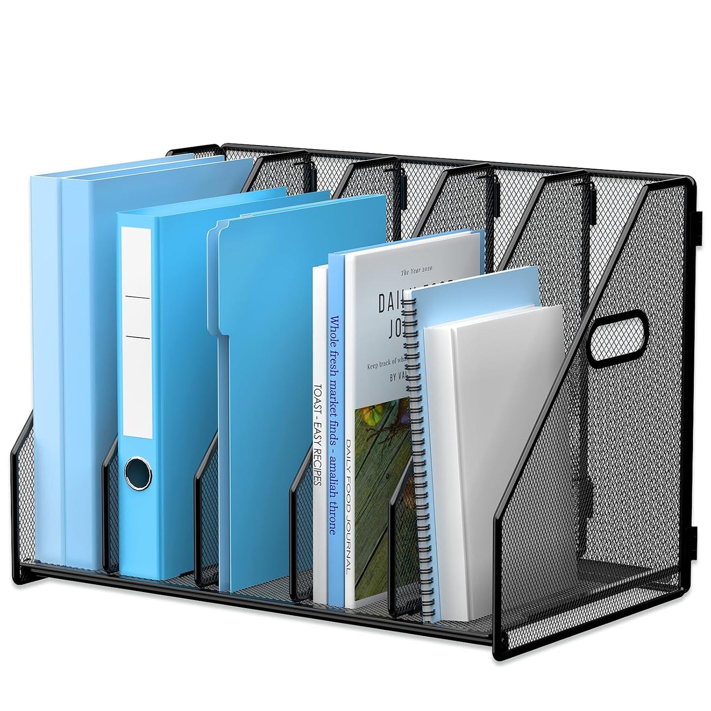 MINDEPOT Desk File Organizer Folder Holder with 5 Vertical for Office Black | Sturdy Metal Mesh, Magazine Folder Holder, Rack File Organizer for Home School, 5 Vertical Compartments