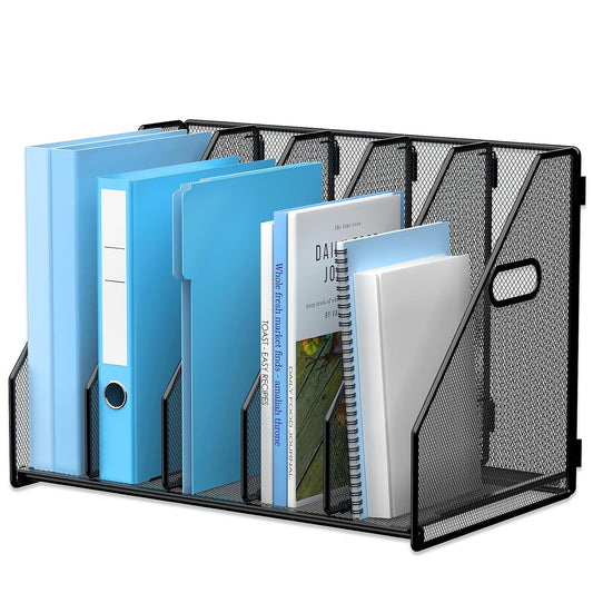MINDEPOT Desk File Organizer Folder Holder with 5 Vertical for Office Black | Sturdy Metal Mesh, Magazine Folder Holder, Rack File Organizer for Home School, 5 Vertical Compartments