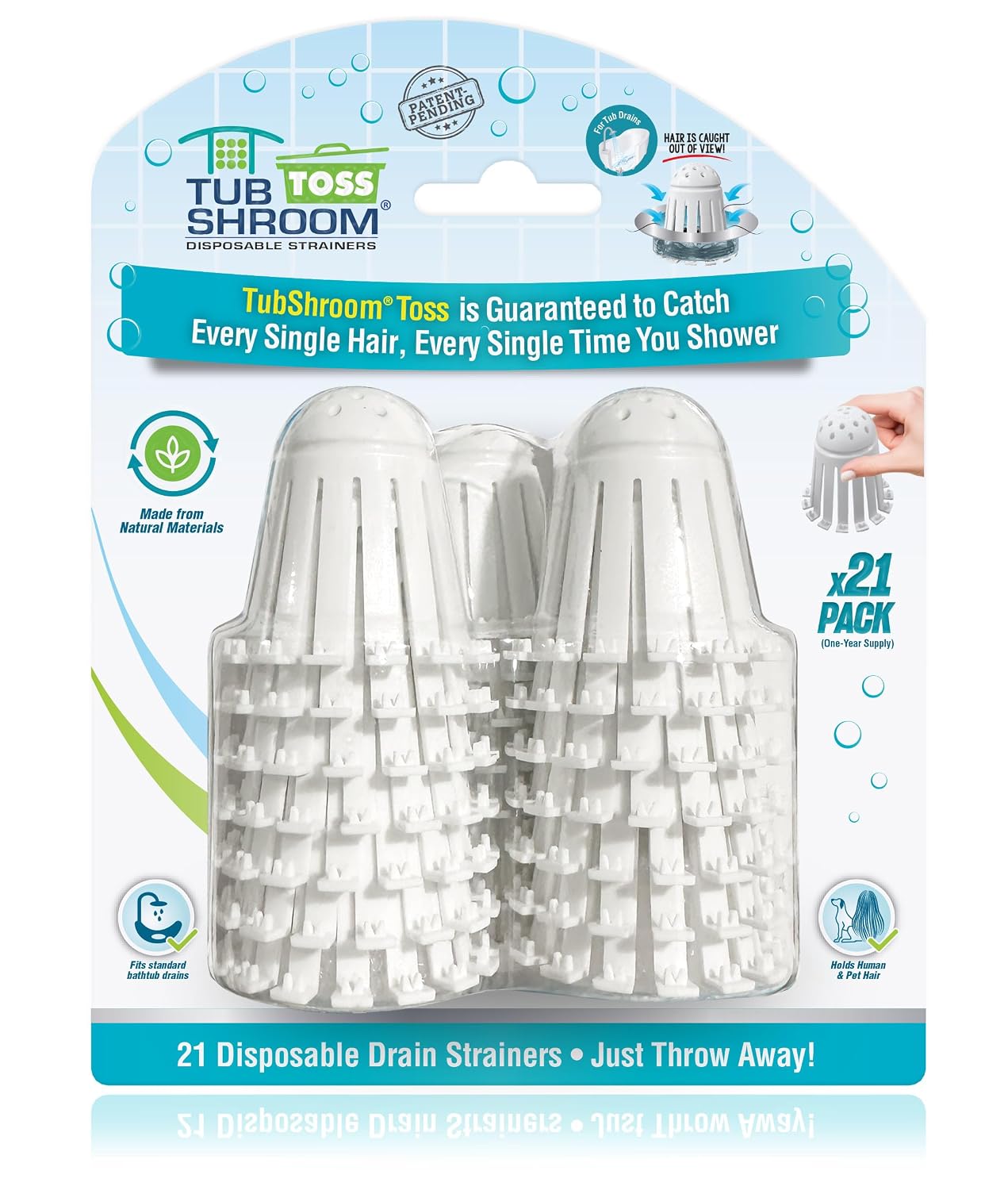 TubShroom Toss 21pk Disposable Bath Tub Drain Strainers - Hair Catcher Snare for Shower Bathtub to Prevent Clogged Drains, Traps Human and Pet Hair, One Year Supply (White)