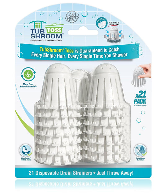 TubShroom Toss 21pk Disposable Bath Tub Drain Strainers - Hair Catcher Snare for Shower Bathtub to Prevent Clogged Drains, Traps Human and Pet Hair, One Year Supply (White)