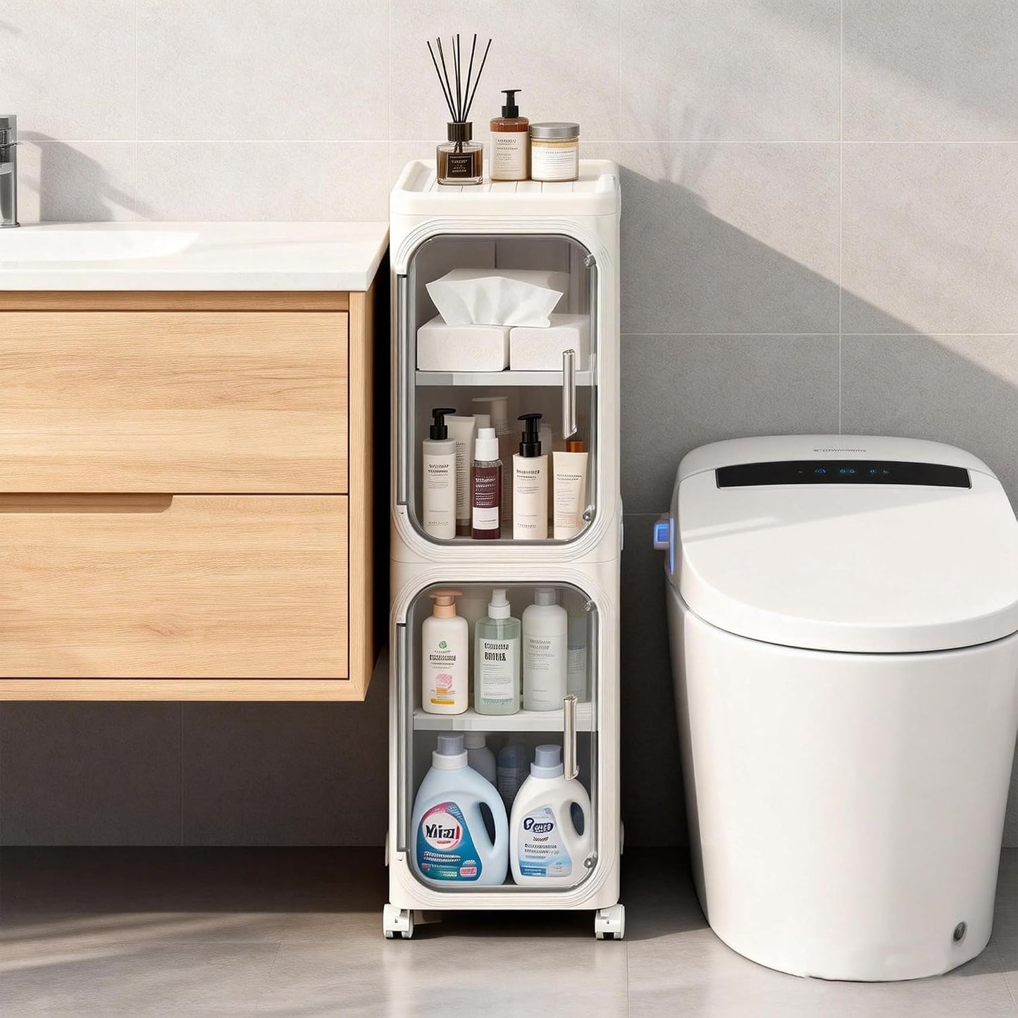 Narrow Storage Cabinet Slim Bathroom Storage Cabin... (White | Plastic)