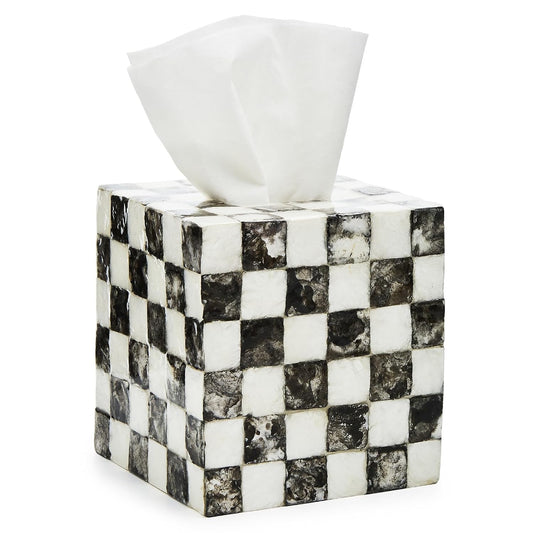 MACKENZIE-CHILDS Boutique Tissue-Box Cover, Black-and-White Courtly Check | Handcrafted design, made from capiz seashell, tissue holder for home decor, 5" square x 6" H