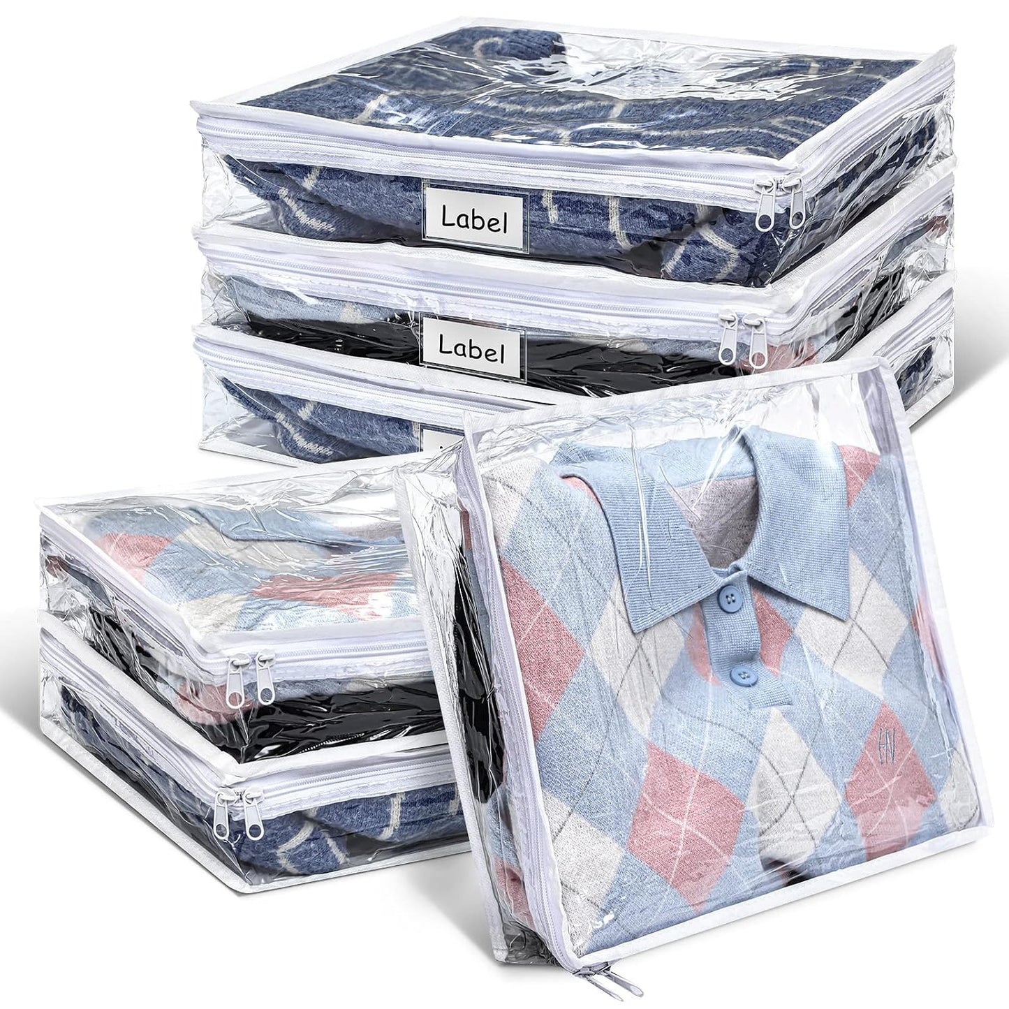 6pcs Clear Zippered Storage Bag Plastic Individual Sweater Storage Bag with Zipper Label Closet Clothing Organizer for Blanket Clothes Bed Sheet Comforter Quilt Pillow(15.7 x 13.7 x 3.9 Inch)
