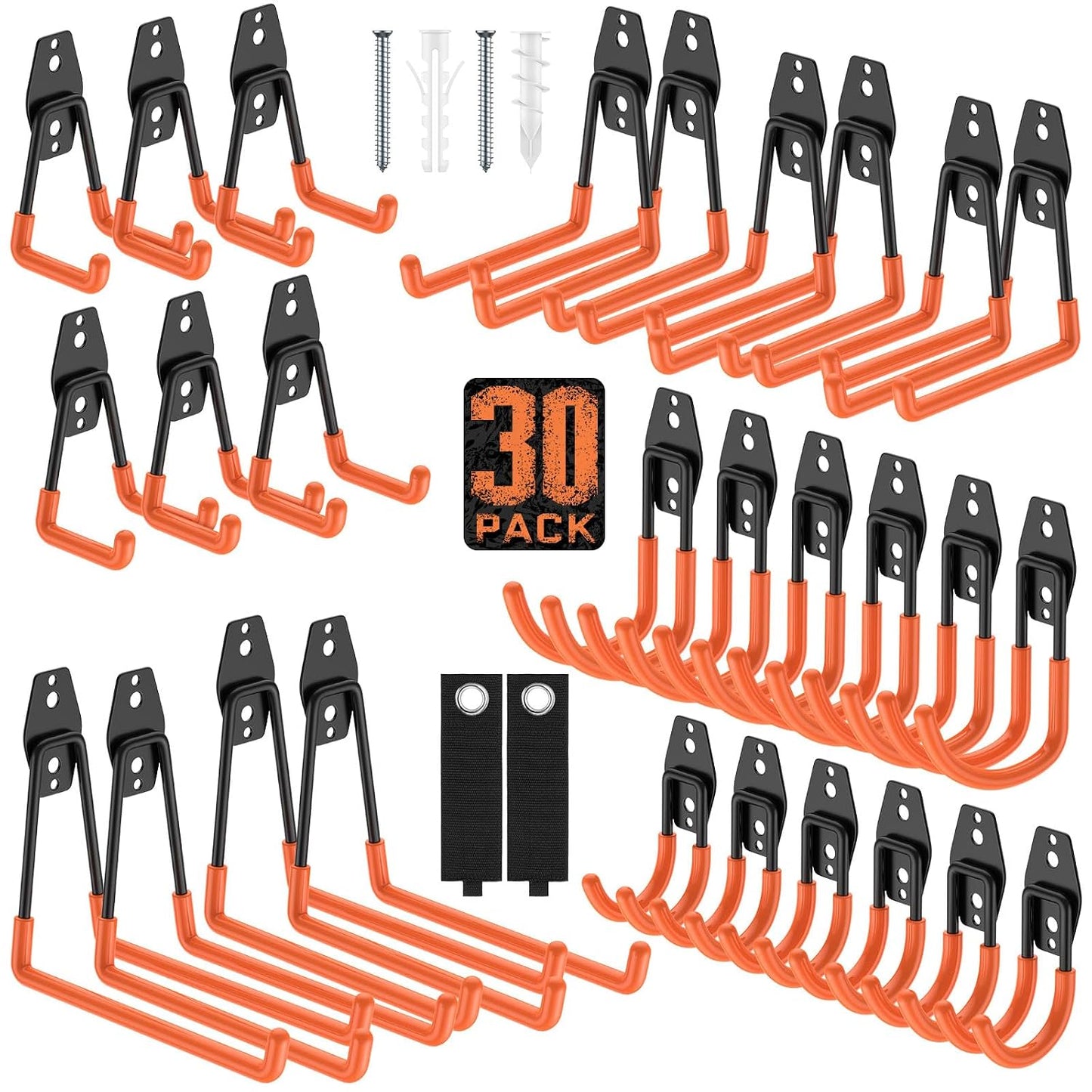 Garage Hooks, Anti-Slip Heavy Duty Wall Mount Hooks, 30-Pack | Hanging Storage for Bikes, Ladders, Hoses, Ropes, Garden Tools - For Warehouse, Workshop, Shed, Shop, Yard