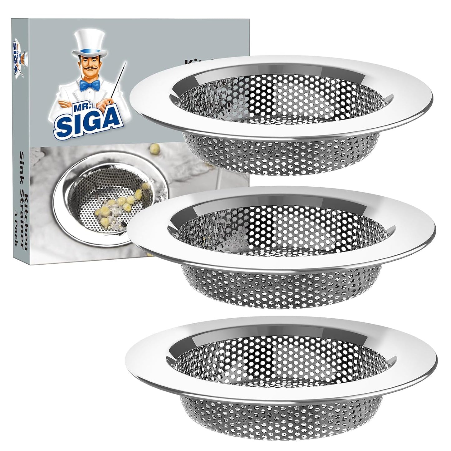 MR.SIGA Kitchen Sink Strainer, Stainless Steel Sink Drain Strainer, 3 Pack | Dishwasher safe sink strainer, outer diameter 4.4 inch/11.2cm, inner diameter 3 inch/7.6cm