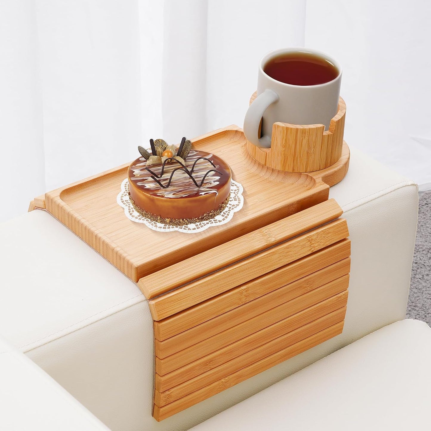 Couch Cup Holder Tray, 3 in 1 Couch Arm Trays,Large Bamboo Chair Arm Rest Tray with 360° Cup Holder,Removable Anti-Slip Organizer for Snack Eating