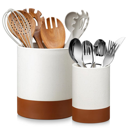 Utensil Holder, 7.3"+5.5" Ceramic Kitchen Utensil... (Khaki White | Ceramic)