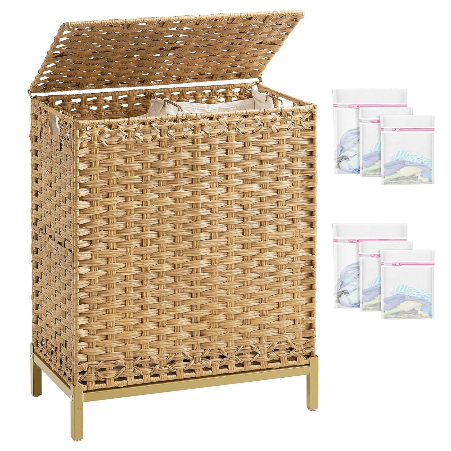 Laundry Hamper with Lid, 112 L Handwoven Rattan Wicker Laundry Basket, 2 Removable Liner Bags Metal Heightened Feet, 6 Mesh Bags, 2 Section Large Clothes Hamper for Bathroom Bedroom, Natural