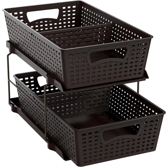 Simple Houseware 2 Tier Pull-Out Sliding Drawer Under Sink Storage, Brown | Great for Kitchen Bathroom Tray Shelf Organizer
