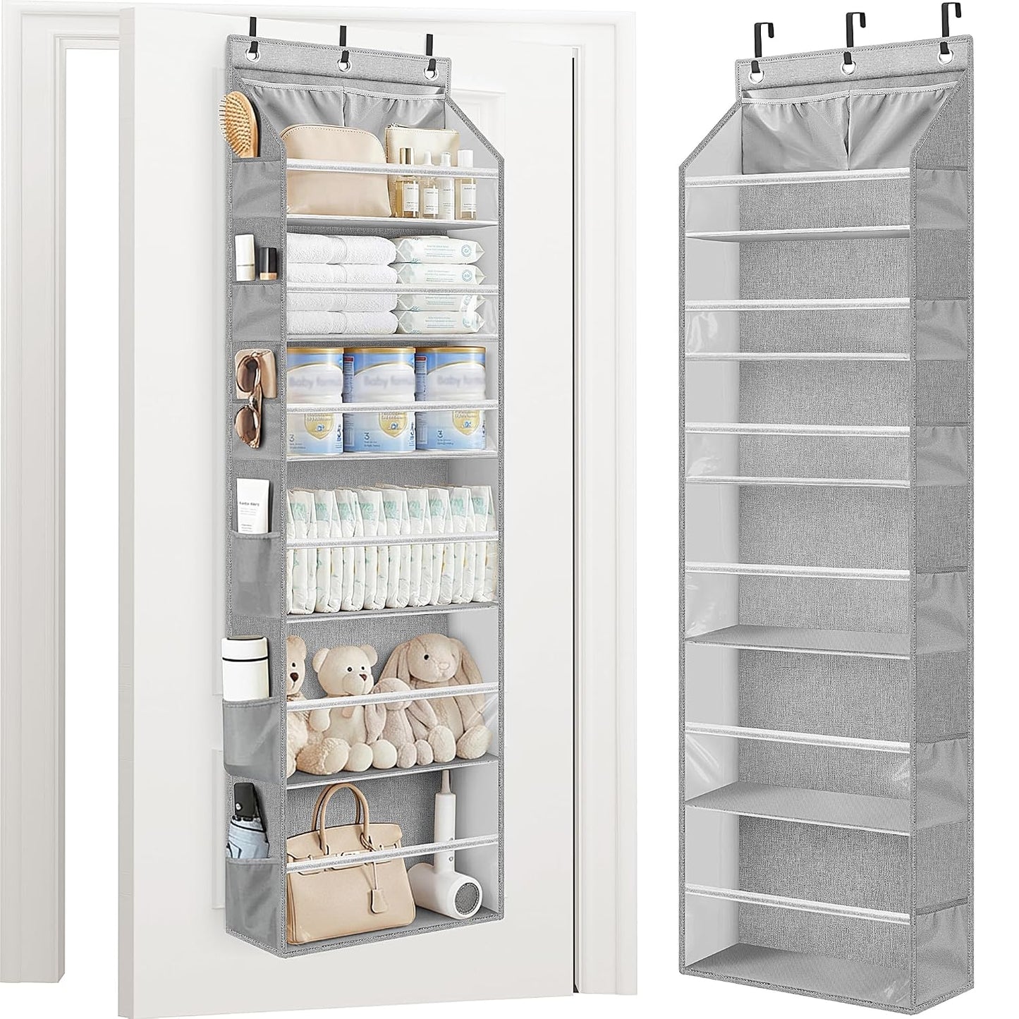 STORAGE MANIAC Over the Door Organizer 6-Shelf Closet Hanging Storage with 14 Mesh Pockets, 66lbs Capacity Clear Deep Pockets Behind Door Storage for Nursery, Bathroom, Bedroom, 1 Pack Grey