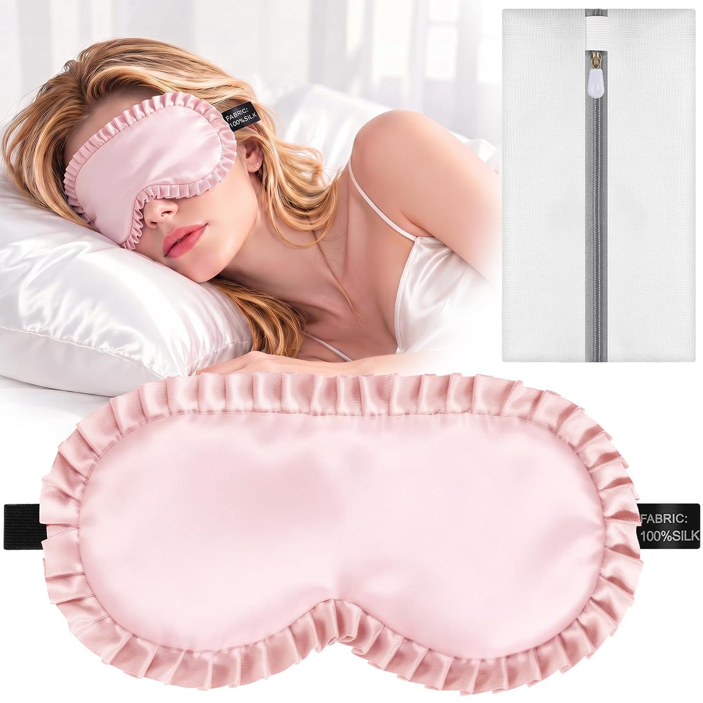 Silk Sleep Mask for Women, 100% Mulberry Silk Eye Sleeping Mask & Blindfold with Adjustable Strap, Ruffled Edge & Laundry Bag, Blackout Soft Eye Cover for Travel, Nap, Night Shift,Pink