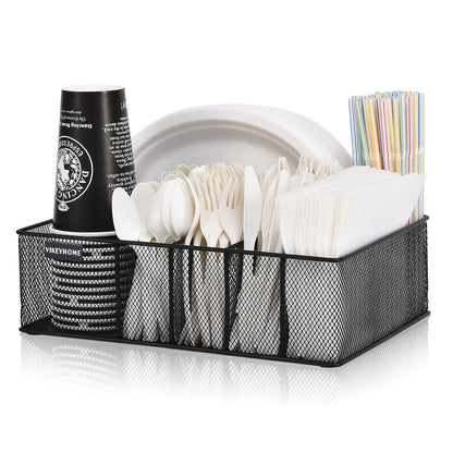 Paper Plate Organizer for Countertop, Black | Silverware Caddy with 6 Compartments for Cup, Napkin, Utensil Holder Caddy for Party, Camping, Picnic