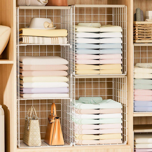 6 Tier Taller Closet Organizers and Storage, Stackable Closet Shelf Organizer with 2 Dividers for Clothes Towels Toys, Rv, Double Storage Design, Clothing Storage Basket for Wardrobe, White