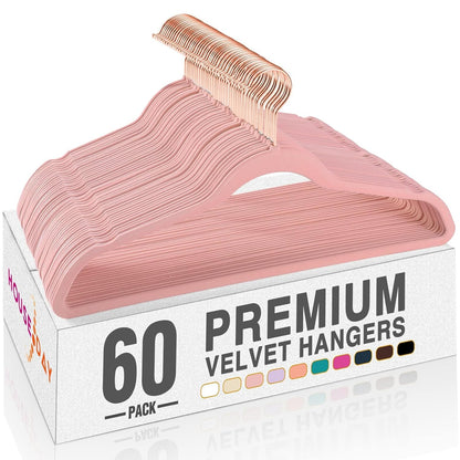 HOUSE DAY Pink Velvet Hangers 60 Pack, Premium Non-Slip Felt Clothes Hanger | Durable Space Saving Hangers, Sturdy for Suits, Heavy Duty Coat + No Hanger Marks, 360° Swivel Rotating Rose Gold Hook