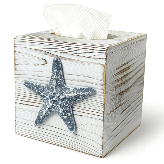 Coastal Tissue Box Cover Wooden Retro with Sliding Bottom Panel Beach Decor for Bathroom Bedroom Living Room,Starfish Decor Suitable for Coastal Gifts Beach House Gifts
