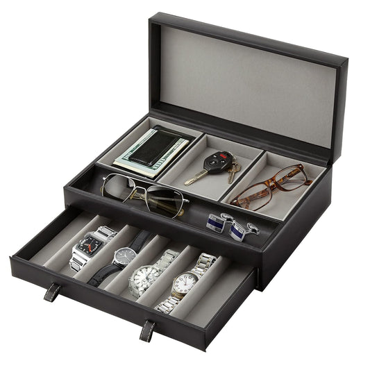 Mens Valet Tray, Men's Jewelry Box, Night Stand Or... (Black & Gray | Faux Leather)