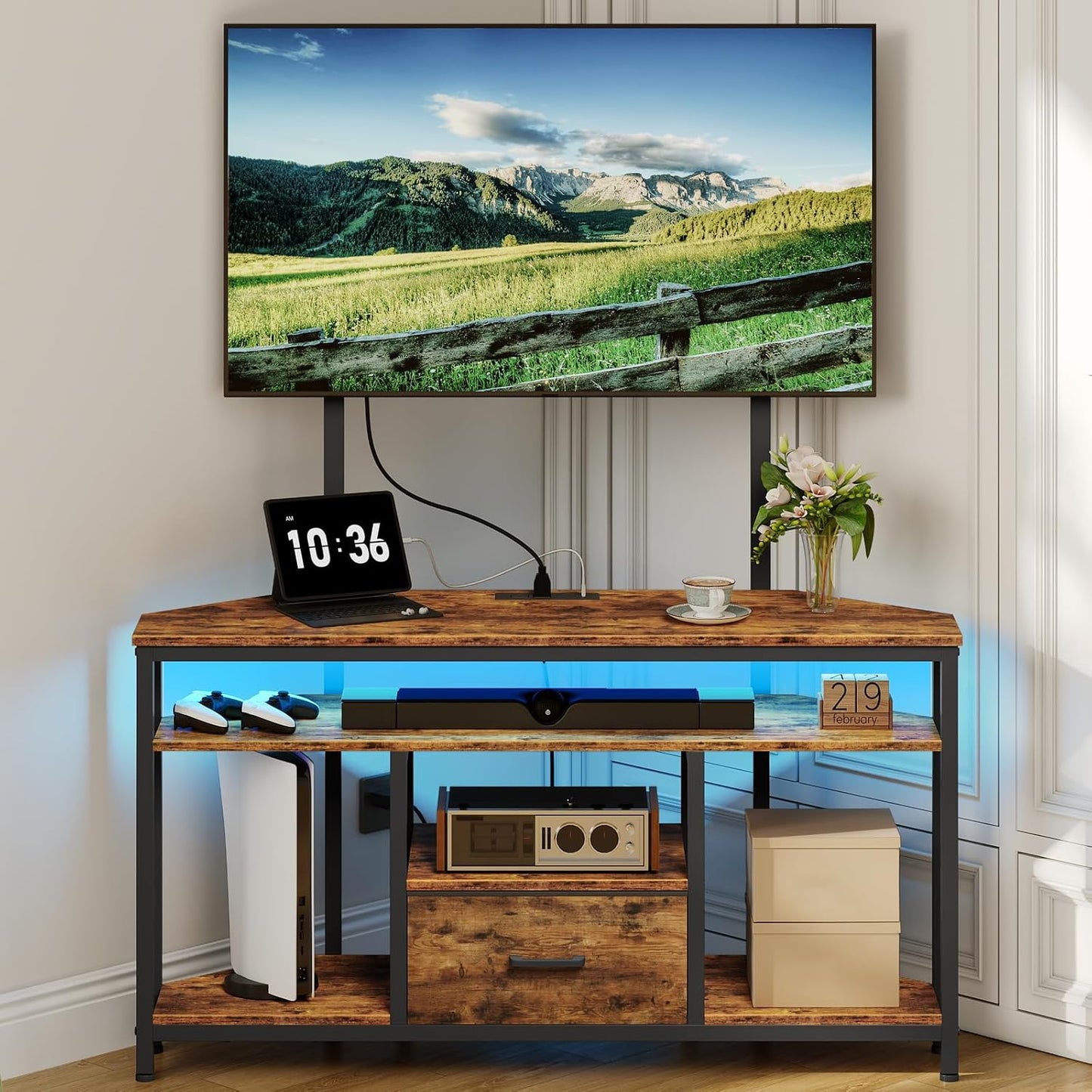Corner TV Stand with Drawer, Entertainment Center with Adjustable Mount, Console Table with LED Light and Charging Station, Supports Up to 75-Inch TV, Rustic Brown and Black TDS05UDBF