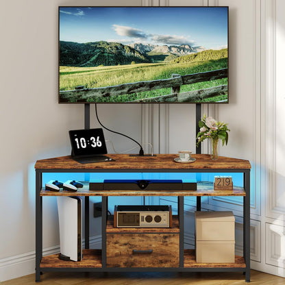 Corner TV Stand with Drawer, Entertainment Center with Adjustable Mount, Console Table with LED Light and Charging Station, Supports Up to 75-Inch TV, Rustic Brown and Black TDS05UDBF