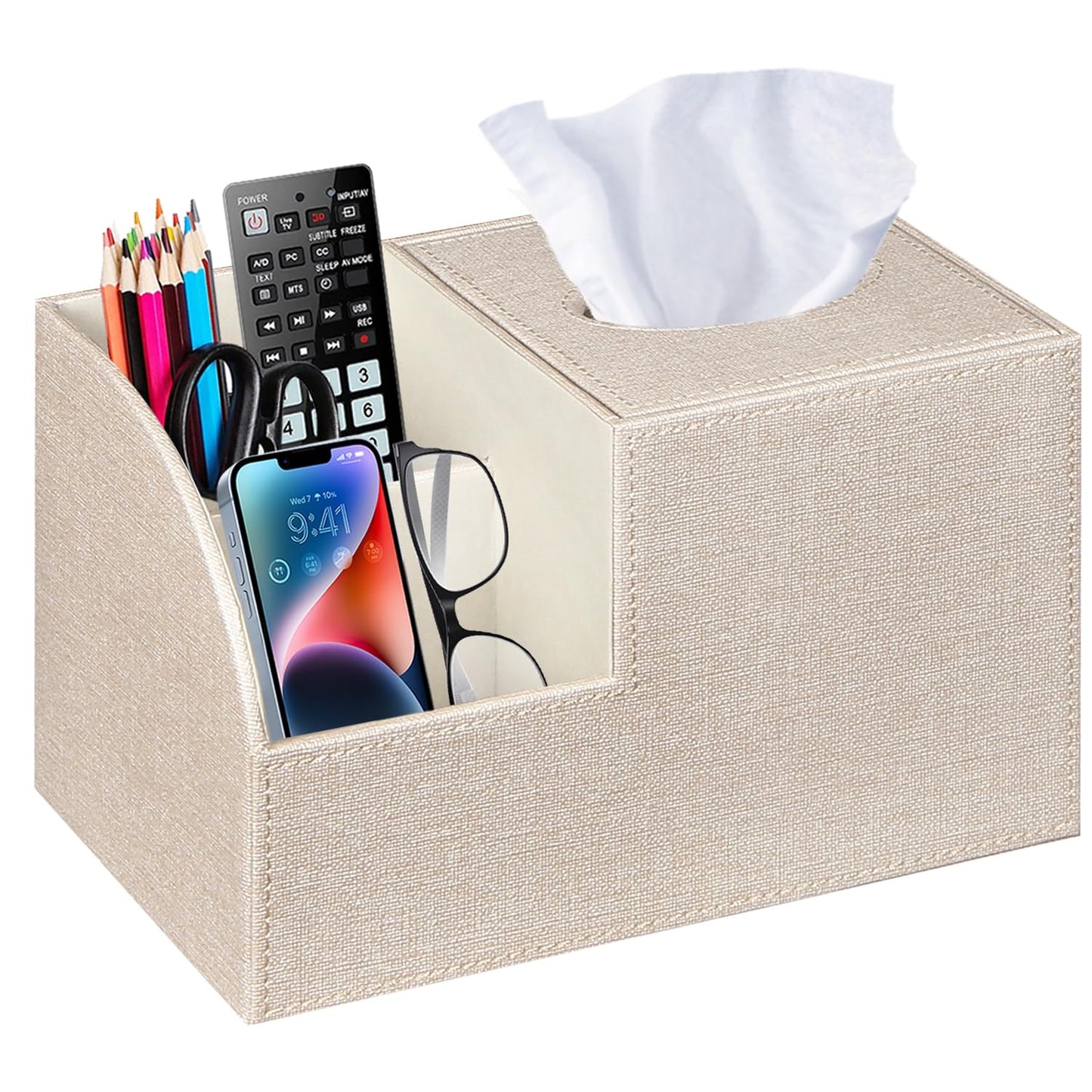 PU Leather Square Tissue Box Cover - Multi-Functional Tissue Box Holder | Tissue Box Cover with Storage,Tissue and Remote Control Holder/Caddy,Cube Tissue Box Organizer Bedroom Nightstand End Table