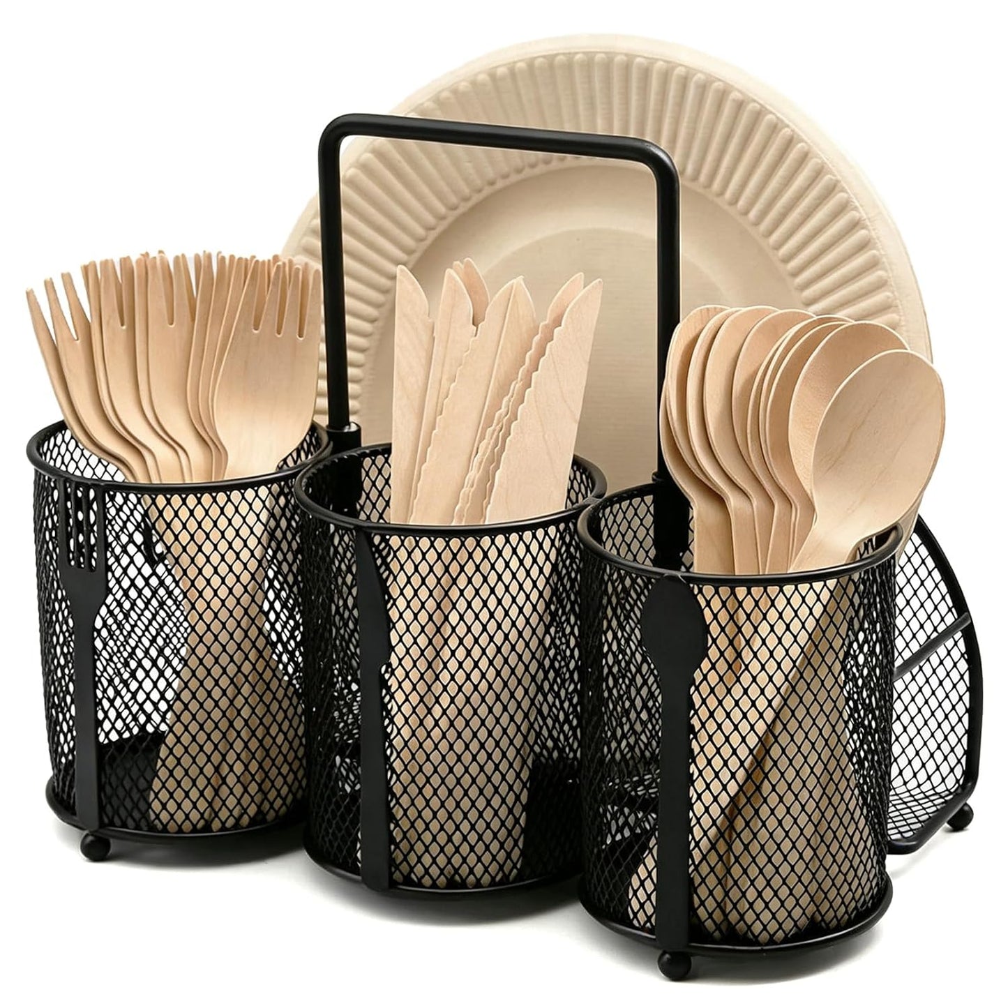 Silverware Organizer Utensil Caddy - 4 Compartment Metal Cutlery Holder Flatware Storage Basket Fork Spoon Napkin Paper Plate Kitchen Countertop Party Picnic Camping Buffet Outdoor (Black)