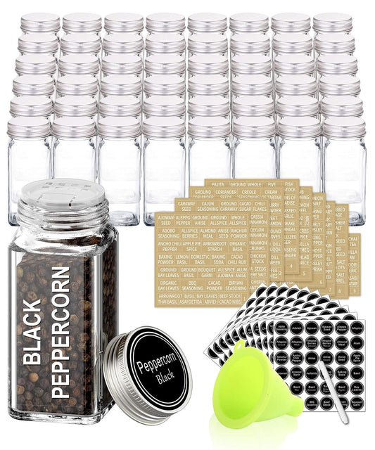 SWOMMOLY 48 Pcs 4 oz Glass Spice Jars with Shaker Lids and 703 Spice Labels | Empty Spice Containers with Airtight Lids, Chalk Marker, Funnel - Square Seasoning Bottles for Spice Racks, Cabinets, Drawers