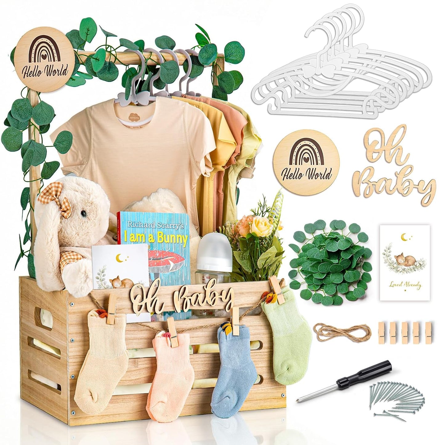 Wooden Baby Shower Crate Closet - Personalized Baby Gift Baskets with Hangers, Large Newborn Boys Girls Clothes Storage Box for Newborn New Parent
