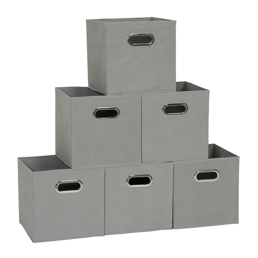 Household Essentials Fabric Storage Bins in Strong Poly‑Woven Fabric, Sturdy Chipboard Sides, Grommet Front Handle, Dove Gray Finish, Set of 6