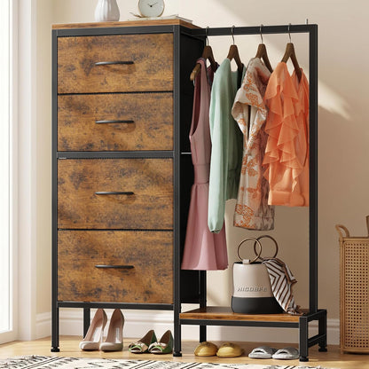 Tall Dresser 44''H with Hanging Rack, 4 Drawers Small Closet Dresser for Bedroom, Reversible Fabric Chest of Drawers with Clothes Rack, Tall Storage Tower, Sturdy Frame, Rustic Brown