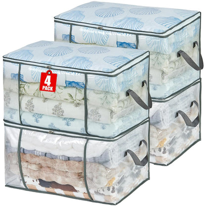 80L Clear Large Storage Bag for Clothes Comforters Blankets Pillows Bedding | Foldable Organizer with Sturdy Handle and Zippers, Storage Containers for Organizing Closet, Bedroom, Underbed, Dorm