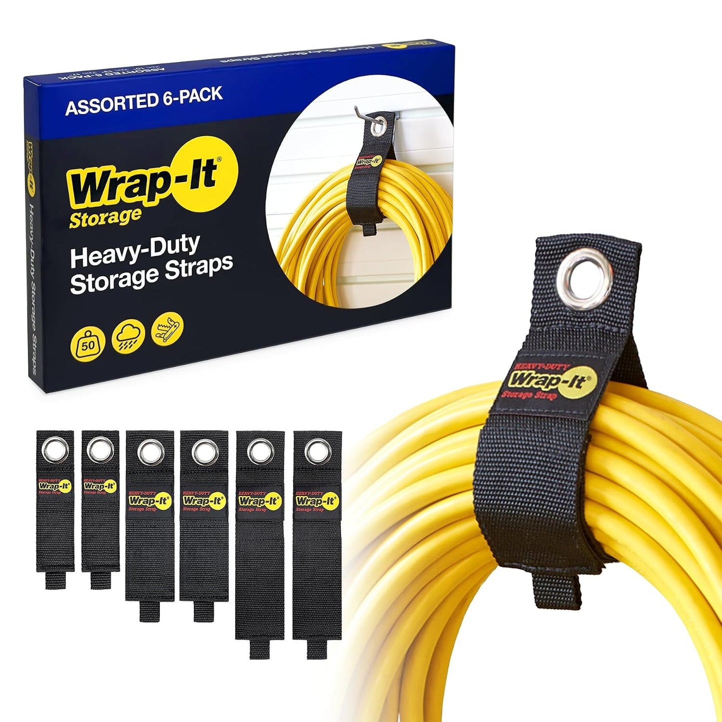 Heavy-Duty Wrap-It Storage Straps - Assorted 6-Pack | Garage Storage Extension Cord Organizer Cable Straps and Yard Cord Storage for Hose Organizer, Tools, RV Accessories