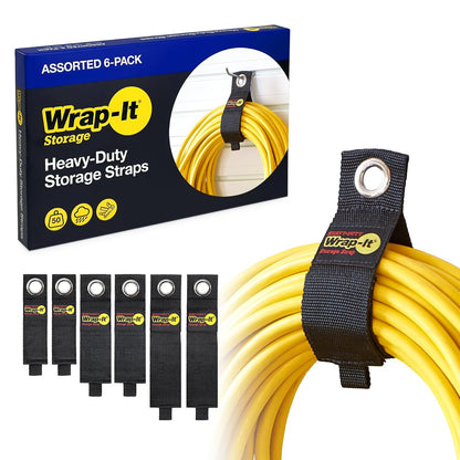 Heavy-Duty Wrap-It Storage Straps - Assorted 6-Pack | Garage Storage Extension Cord Organizer Cable Straps and Yard Cord Storage for Hose Organizer, Tools, RV Accessories