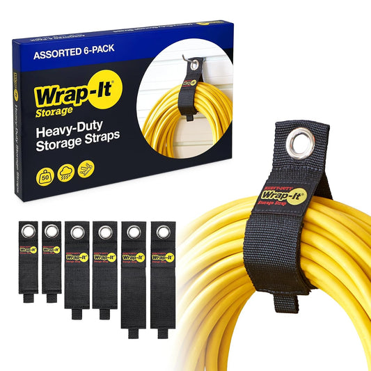 Heavy-Duty Wrap-It Storage Straps - Assorted 6-Pack | Garage Storage Extension Cord Organizer Cable Straps and Yard Cord Storage for Hose Organizer, Tools, RV Accessories