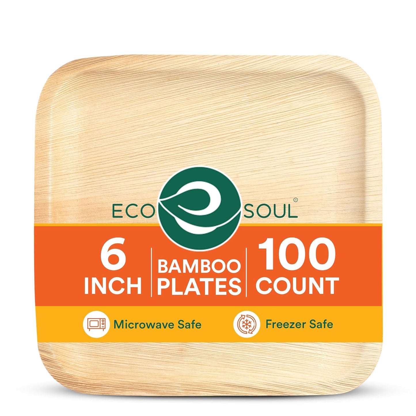 ECO SOUL 6 Inch Disposable Bamboo Plates (100 Pack, Square) | Premium, Natural, Food-Safe, Heavy Duty, Compostable, Eco-Friendly, Biodegradable, Best For Events, Parties, Weddings, BBQs