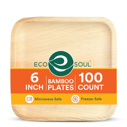 ECO SOUL 6 Inch Disposable Bamboo Plates (100 Pack, Square) | Premium, Natural, Food-Safe, Heavy Duty, Compostable, Eco-Friendly, Biodegradable, Best For Events, Parties, Weddings, BBQs