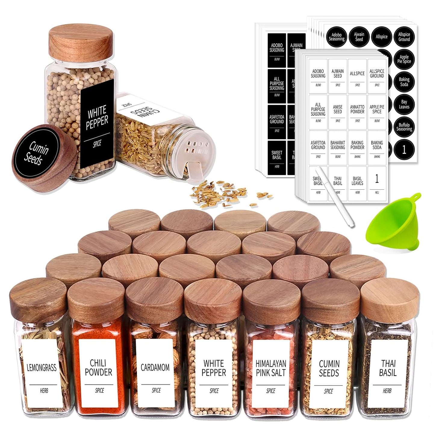24 Pack 4oz Glass Spice Jars with 547 Labels, Acacia Wood Lids