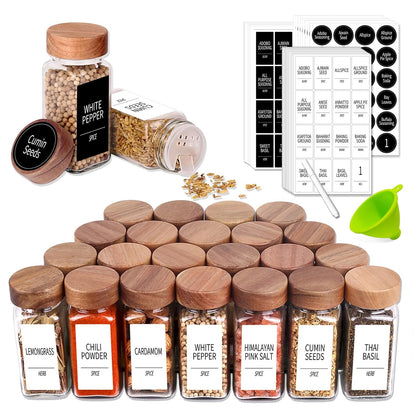 24 Pack 4oz Glass Spice Jars with 547 Labels, Acacia Wood Lids
