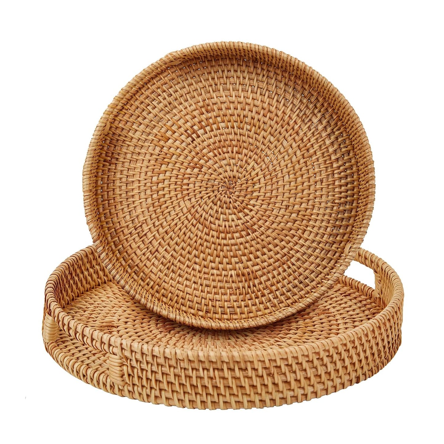 Round Rattan Serving Tray with Handles,2 Hand Woven Basket, Home Decor Organizer Tray for Breakfast, Tea, Snack, Fruit, Coffee, Storage (Large + Medium)(14.17inchX2.3inch+11.9inchX1.7inch